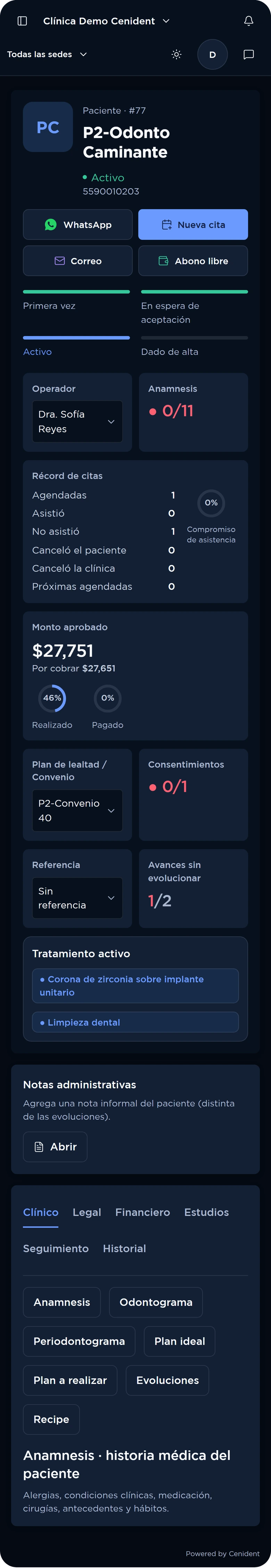 Propuesta móvil del mismo expediente de demostración en tema oscuro.